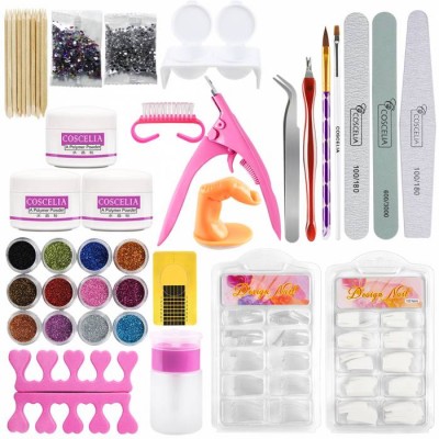 COSCELIA Acrylic Powder Liquid Brush Glitter Clipper Primer File Nail Art Tips Set Manicure Kit